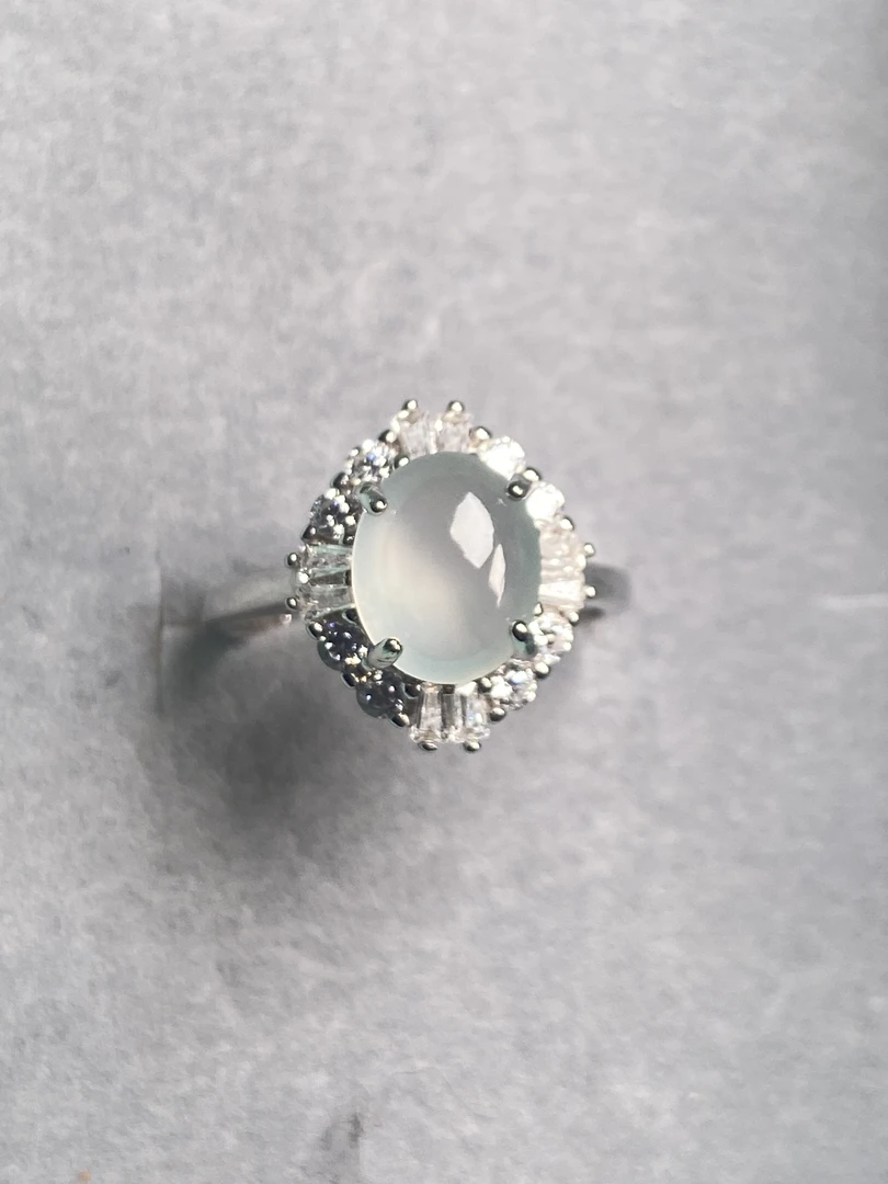 天然缅甸翡翠A货，925银镶嵌白冰戒指