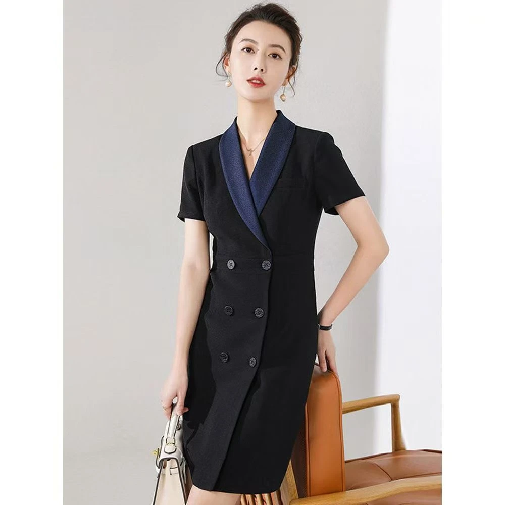 0694正装气质青果领蓝色职业连衣裙夏季西装裙连衣裙套裙