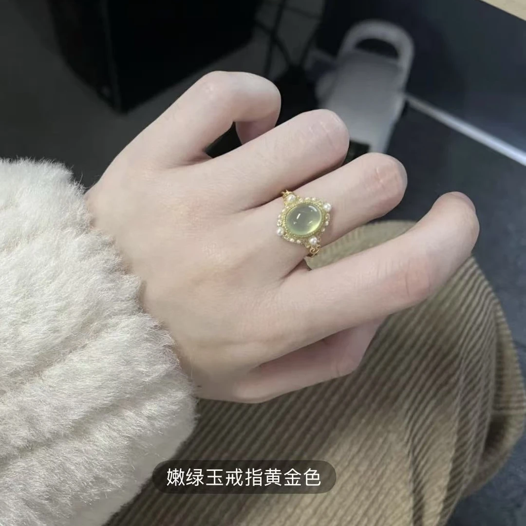 铜镀真金手链 欧美活口日韩通用女绿蛋面银戒设计师法式复古风