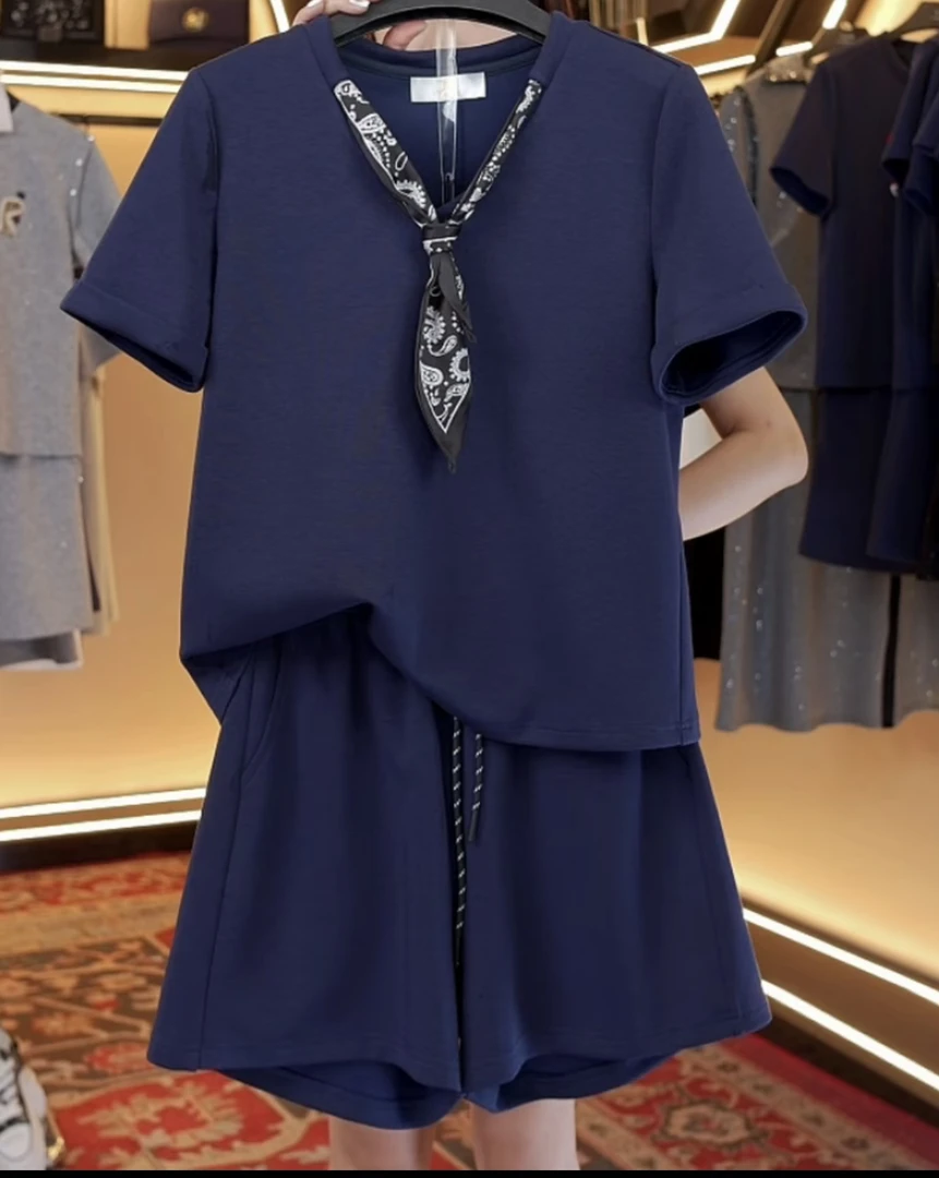 WMA-A253夏季新款设计感丝巾V领两件套微胖显瘦套装裙裤