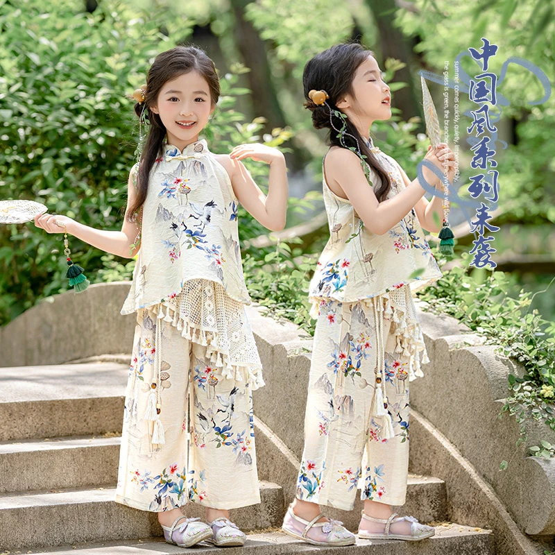 女童夏季汉服套装2025新款儿童中国风古装无袖唐装中小童女孩夏装