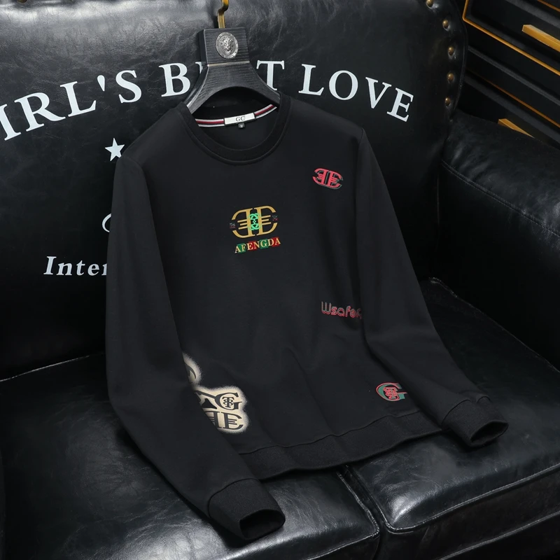 希敦纽勒欧货潮牌时尚印花圆领卫衣男春秋款青年潮流修身打底衫