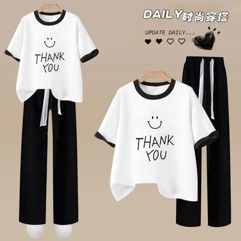 女大童初中生少女学生运动套装女夏短袖t恤显瘦阔腿休闲裤两件套