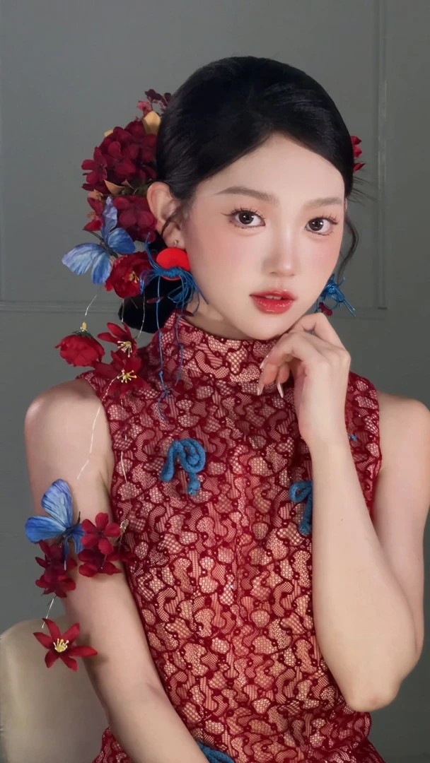 新娘头饰韩式流苏新娘仿真花唯美简单国风民族风酒红色发夹F1422