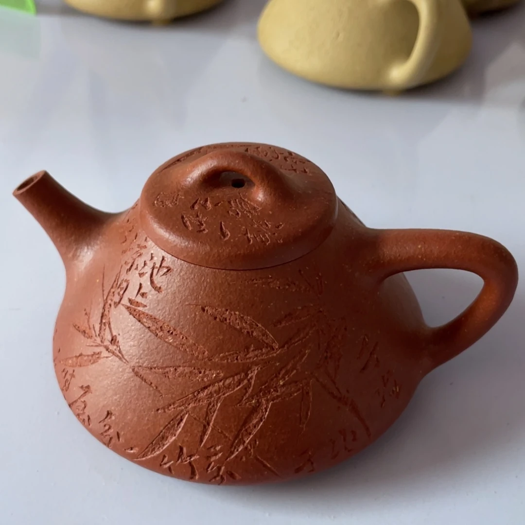 紫砂茶杯90红降坡泥子冶石瓢刻竹