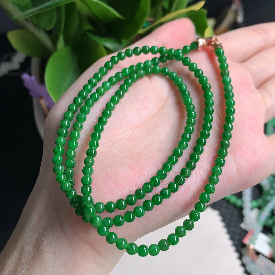 天然A货翡翠，冰润满绿小米珠项链 3.7mm1013好看时尚大方百搭精美