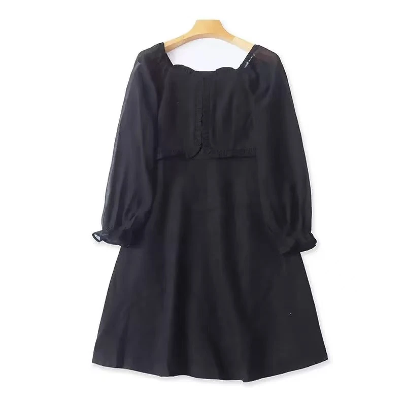 8824 春夏季连衣裙方领拼接洋气修身显瘦气质减龄复古中长裙