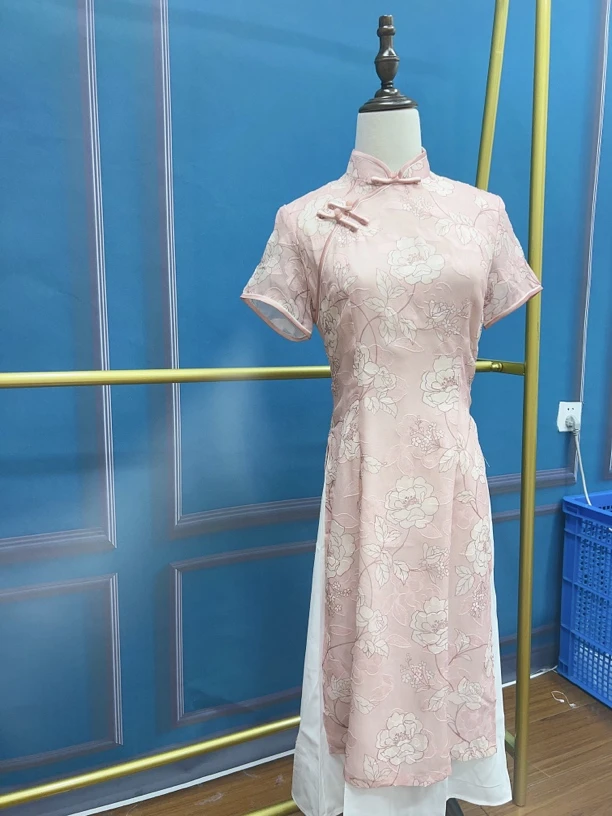 V-2397 粉花 轻纱剪花 奥黛 双层 夏款年轻款改良旗袍115cm长款