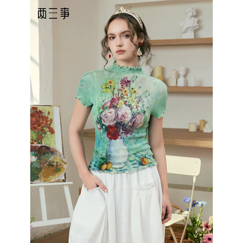两三事 液态绮香 荷叶边半高领短袖t恤S25CT422