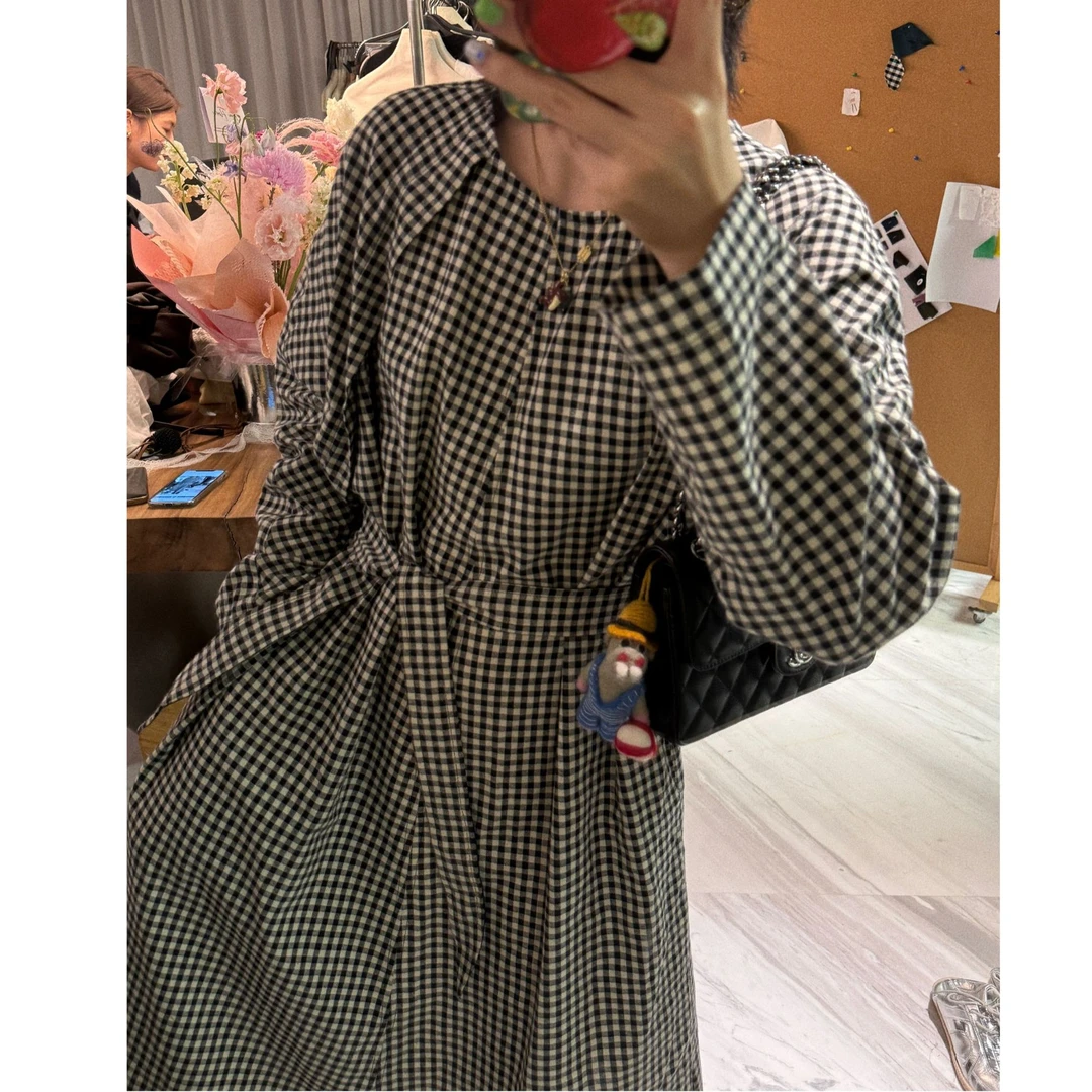 【格子连衣裙】法式复古腰带格子连衣裙 J25LYQ051