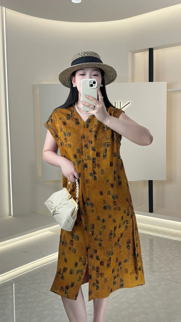 【YIGUI】新中式夏季国风优雅时尚宽松花萝红云纱中长款连衣裙气质