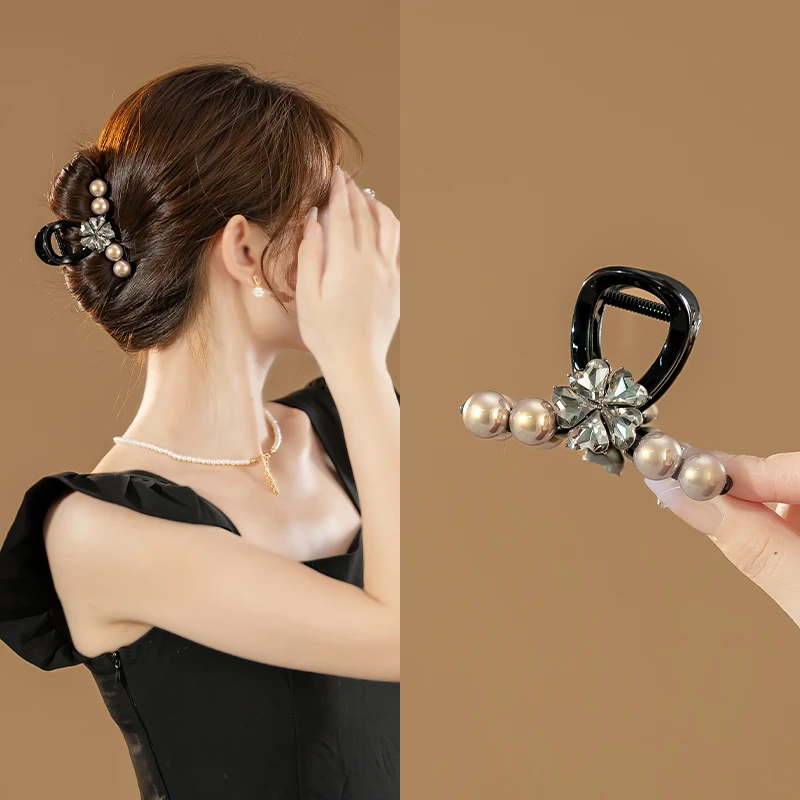 ale灰色水钻花朵珍珠透咖发抓TM10432