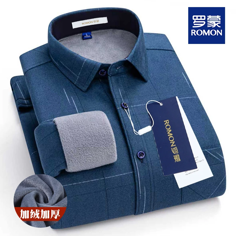 罗蒙冬季时尚男士保暖长袖衬衫中年休闲加绒加厚款外套衬衣爸爸装