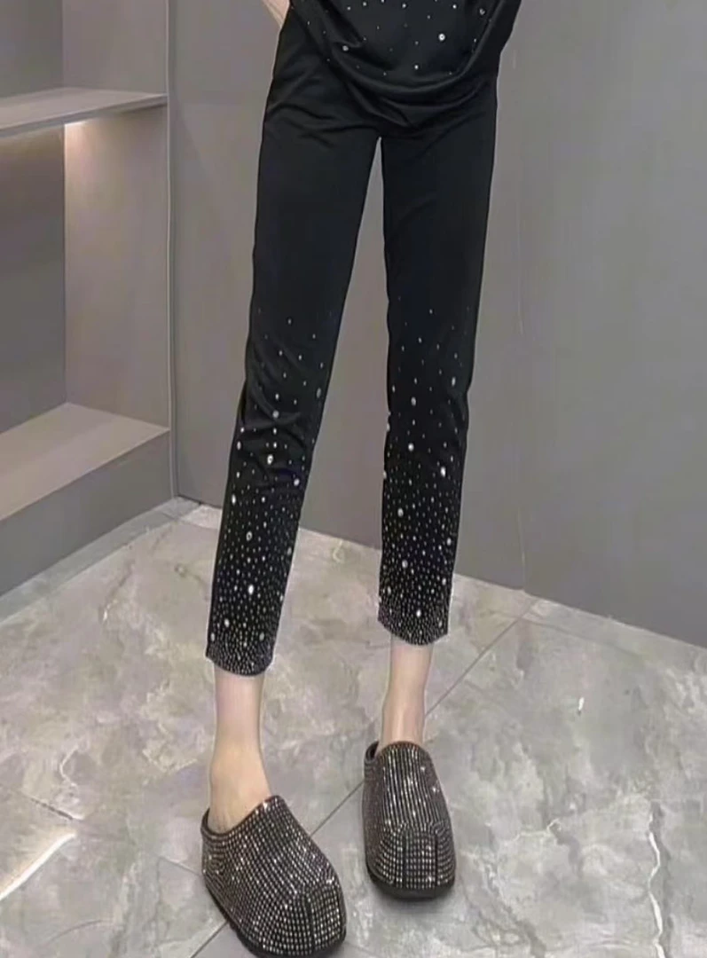 不灵不灵满天星重工烫钻高腰高弹修身显瘦烟管裤