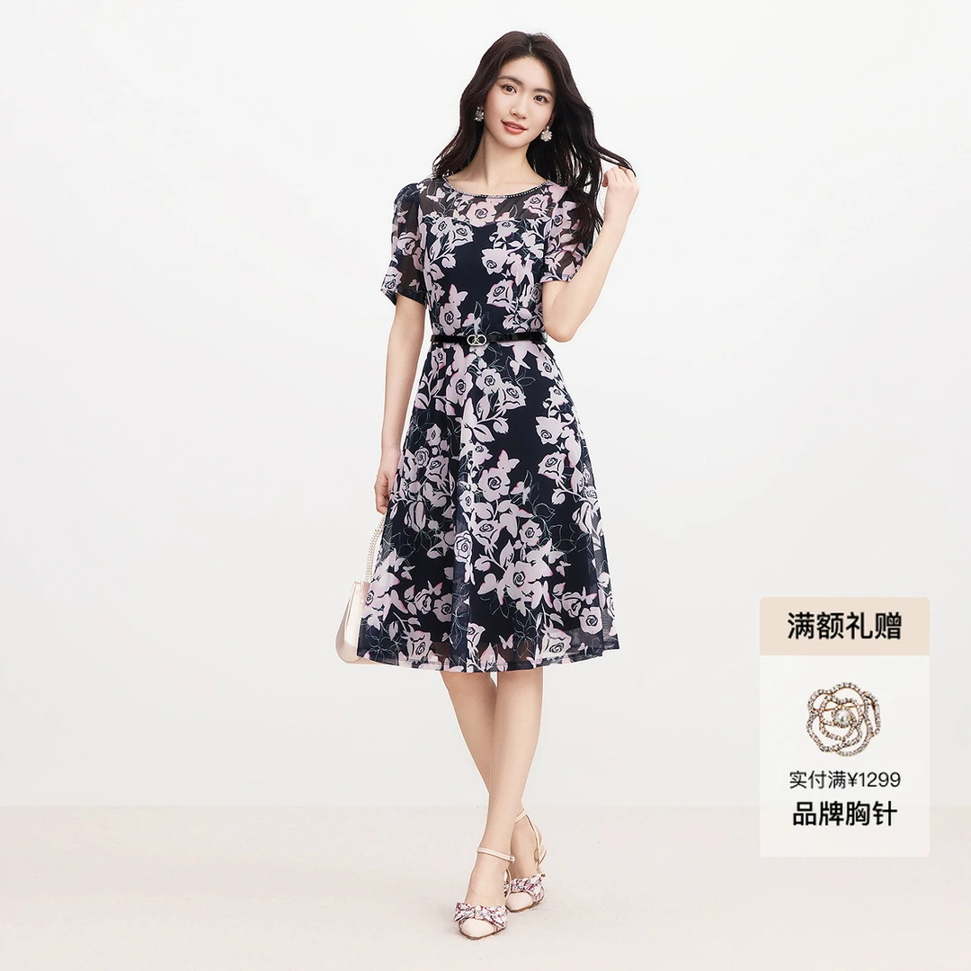 珂莱蒂尔 钻石弹力网玫瑰印花优雅收腰连衣裙KF10429T4