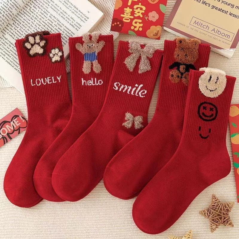 蛇年红袜子女款本命年棉袜中筒袜2025年属蛇秋冬新年可爱红色长袜