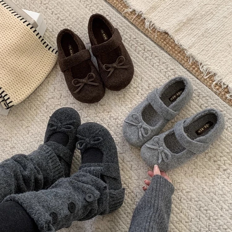 蝴蝶结毛毛鞋女外穿豆豆鞋玛丽珍棉鞋春季新款保暖加绒内增高5CM