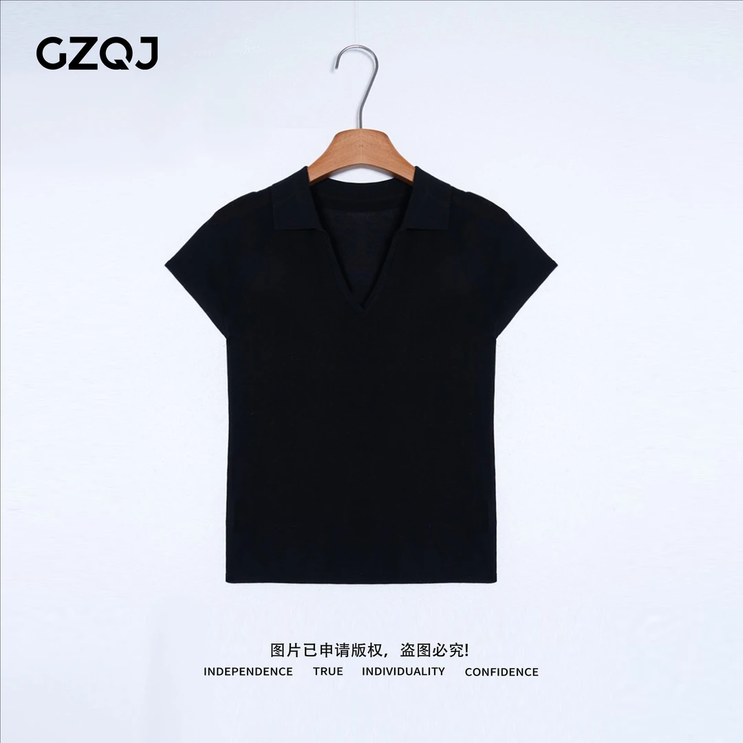 广州琴姐【黑韵柔织】桑蚕丝莱赛尔V领短袖针织衫T恤上衣女夏季8681