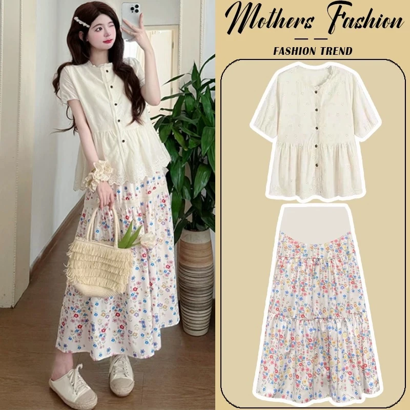 孕妇套装夏季新款韩版甜美减龄法式蕾丝衬衫显瘦碎花半身裙两件套