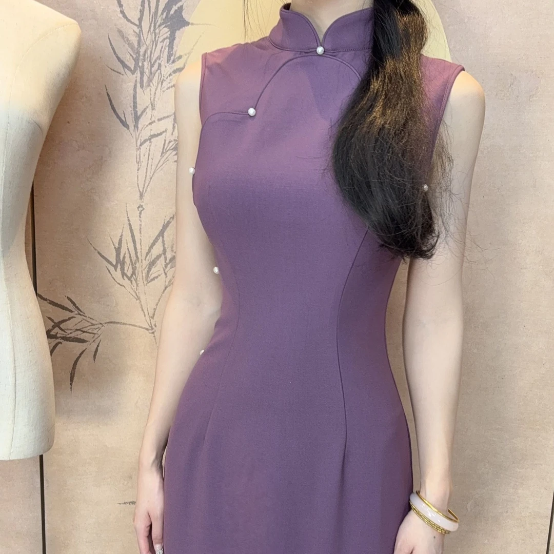 LHMknk1画报夫人原创自制改良夏季显瘦港工无袖旗袍  梅紫色