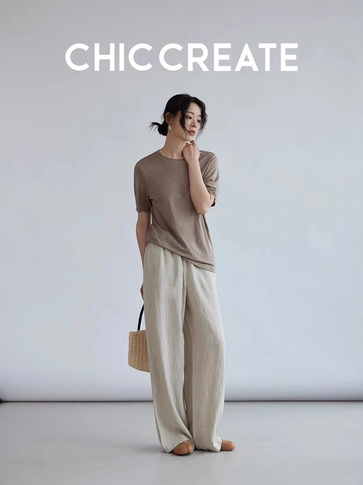 轻薄透气纯亚麻 基础百搭圆领短袖直筒T恤上衣女夏