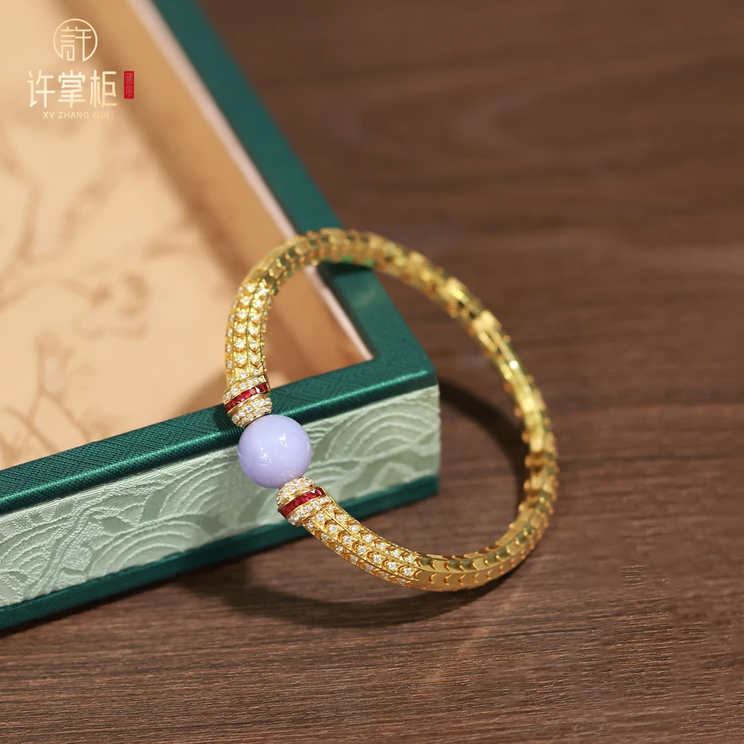 许掌柜｜18K金翡翠手镯天然缅甸翡翠A货紫翡圆珠配饰手饰精致轻奢