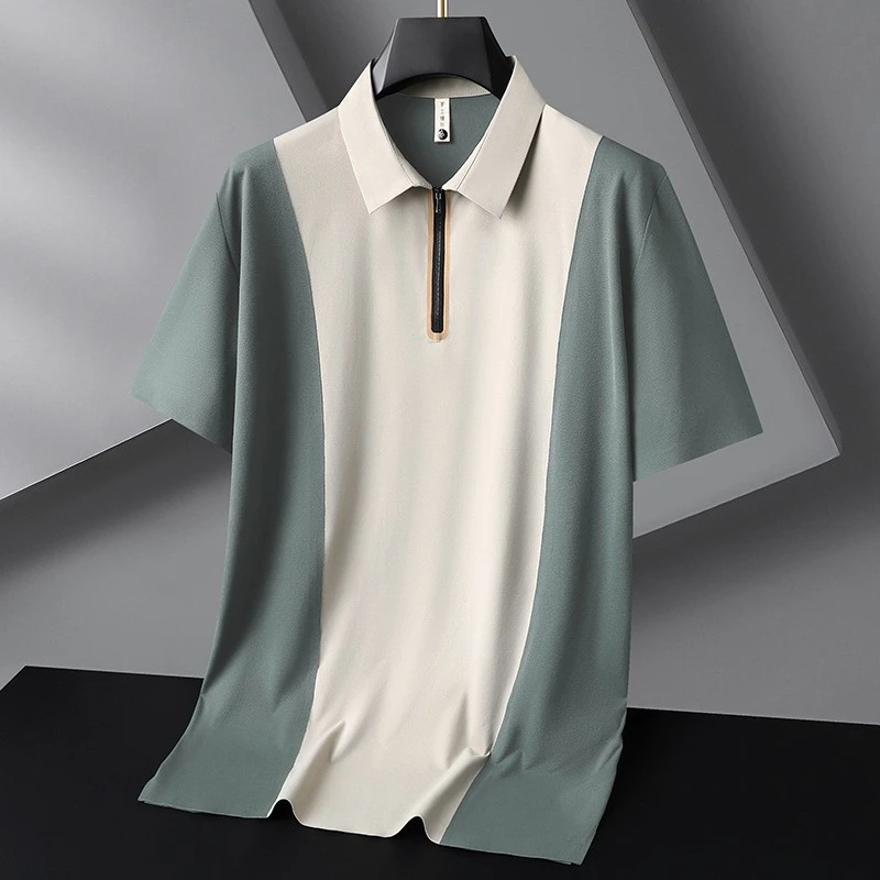 商务t恤拼色半袖翻领polo衫大码男士夏季拉链领速干休闲纯色上衣