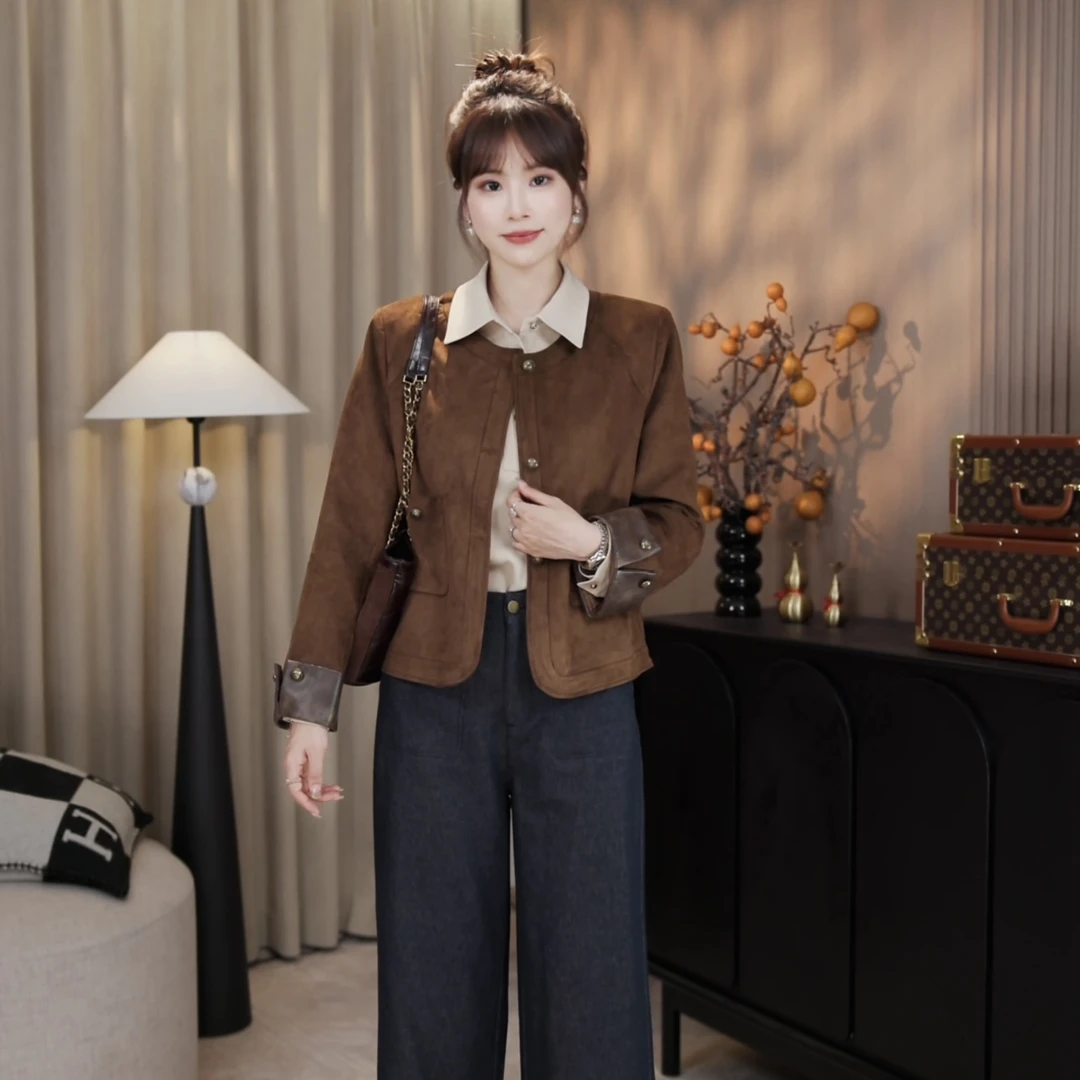 LMENY“摩登画报”圆领金扣复古皮拼接外套25CW015