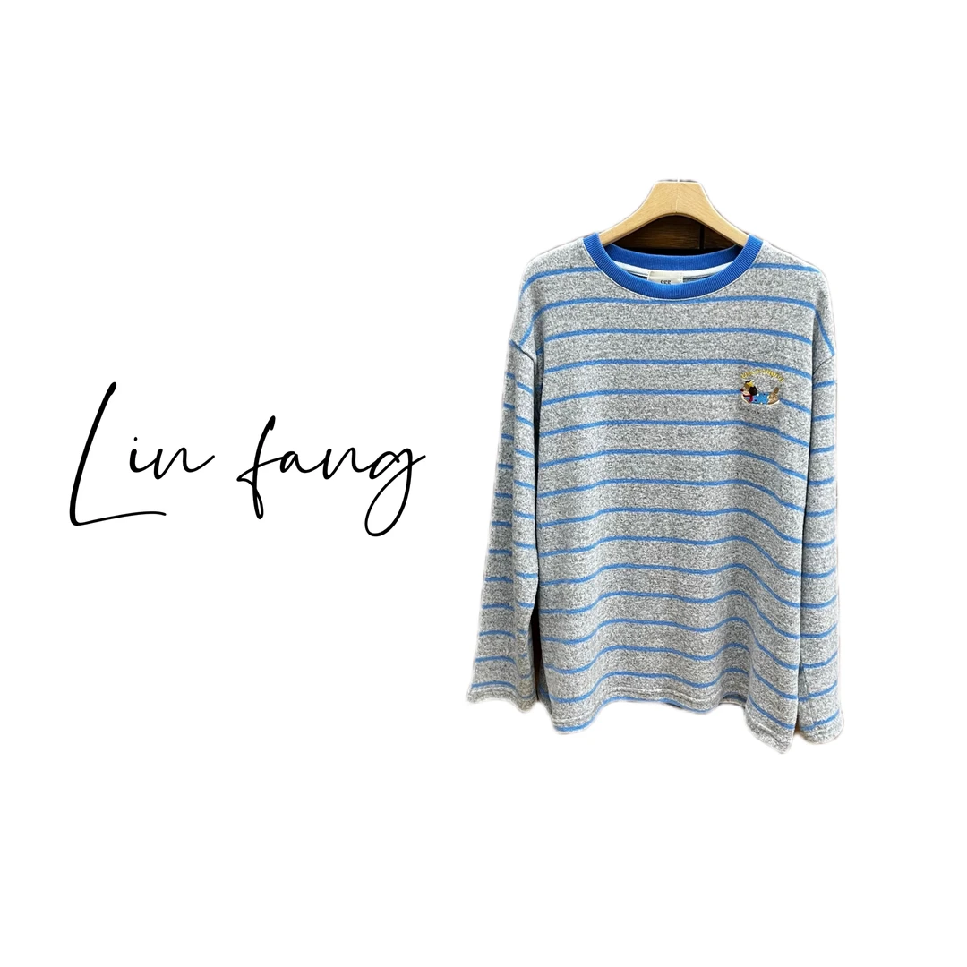 鸡蛋家 腊肠狗条纹打底衫 拉毛弹力T恤圆领宽松百搭套头衫