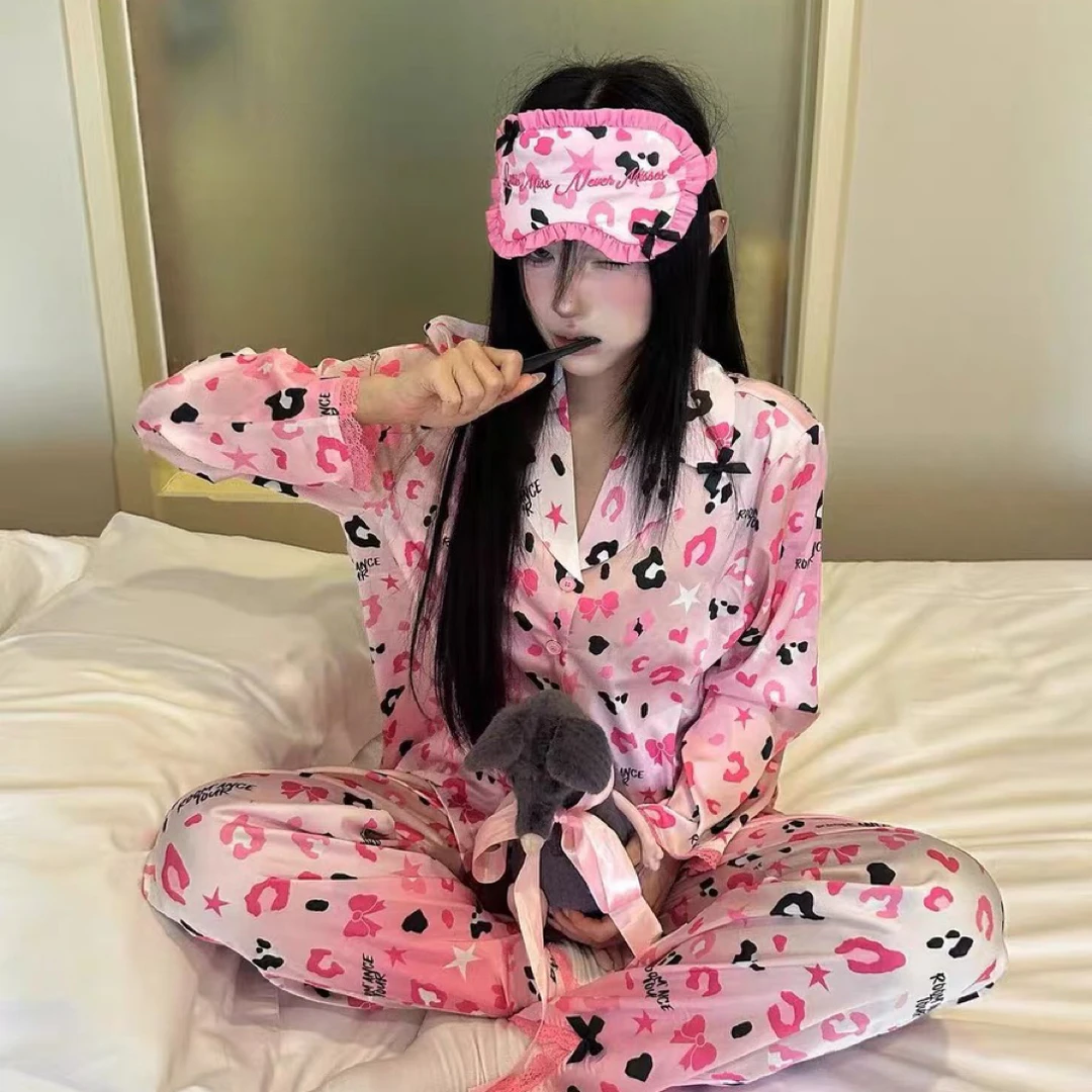 【豹纹芭比】甜美蕾丝边豹纹水光缎女士秋季长袖长裤睡衣家居服套装