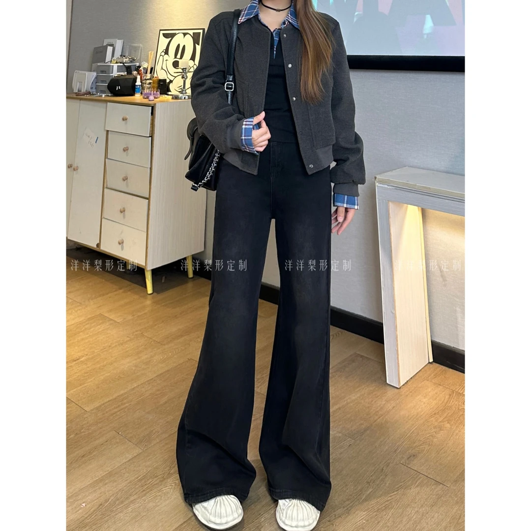 【洋洋梨形】大码弹力黑色牛仔裤秋冬季阔腿裤宽松显瘦休闲拖地裤