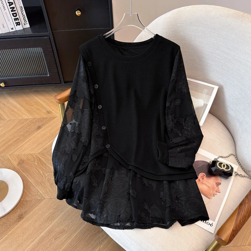 【岩心】大码女装300斤胖MM春秋小众假两件拼接刺绣打底衫19991