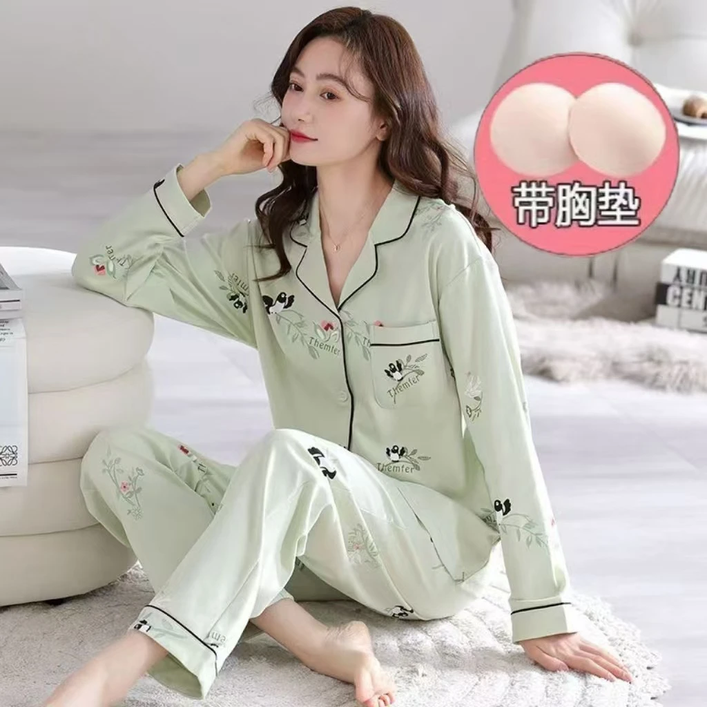 春秋款冬季女士带胸垫长袖长裤两件套装纯棉宽松睡衣家居服可外穿