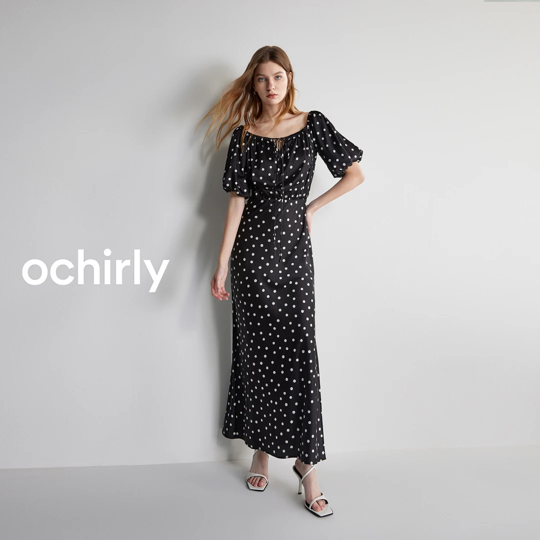 OCHIRLY欧时力缎面波点长裙泡泡袖法式桔梗连衣裙1LY2085110