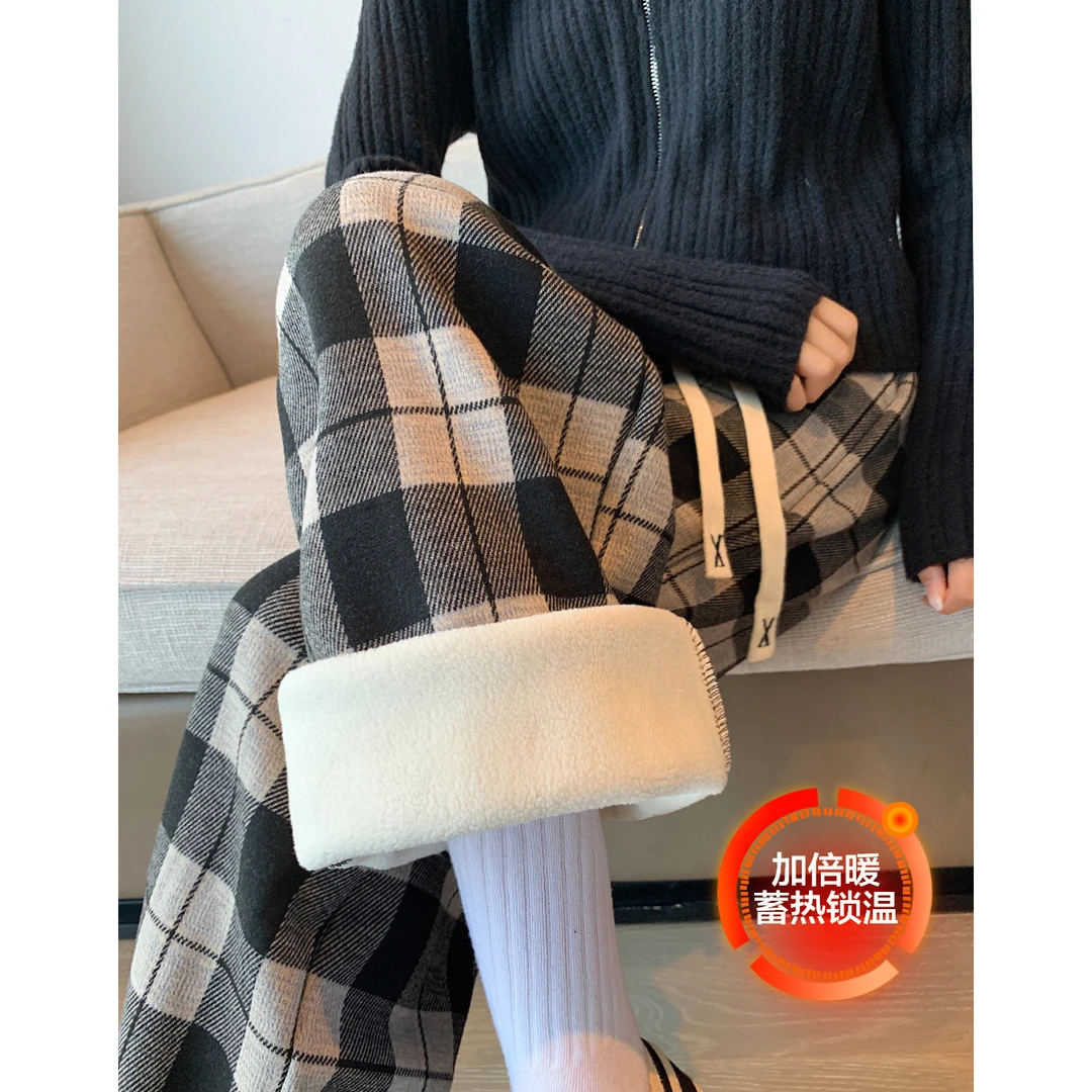 dme德·玛纳通勤加绒裤冬季松紧直筒女裤宽松加厚裤子