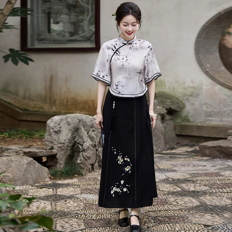 时尚两件套旗袍改良版复古印花日常大码2025年夏季新款中式连衣裙