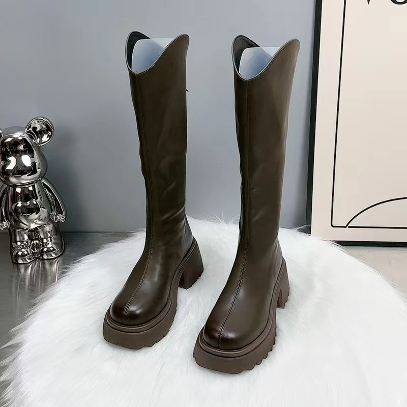 2024款长筒靴秋冬加绒靴子粗跟高跟不过膝小个子高筒靴Q1-9808