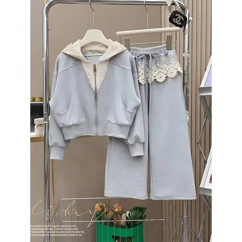 女童套装2025春季新款儿童蕾丝连帽外套裤子洋气上衣休闲裤两件套