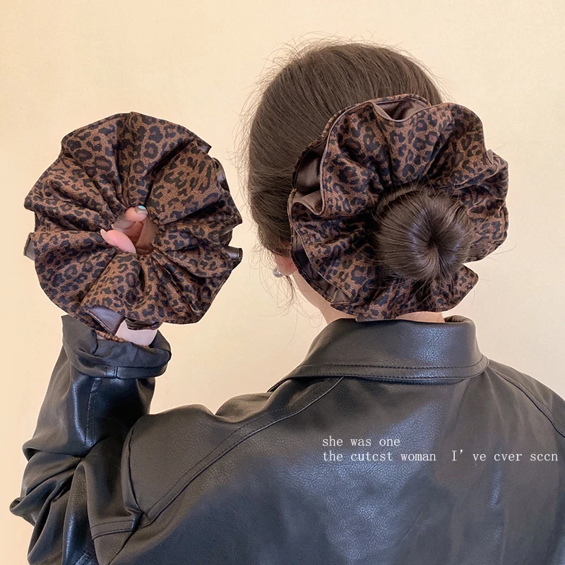 韩系咖色豹纹皮质大肠发圈女高级感丸子头超大号复古百搭发饰头绳