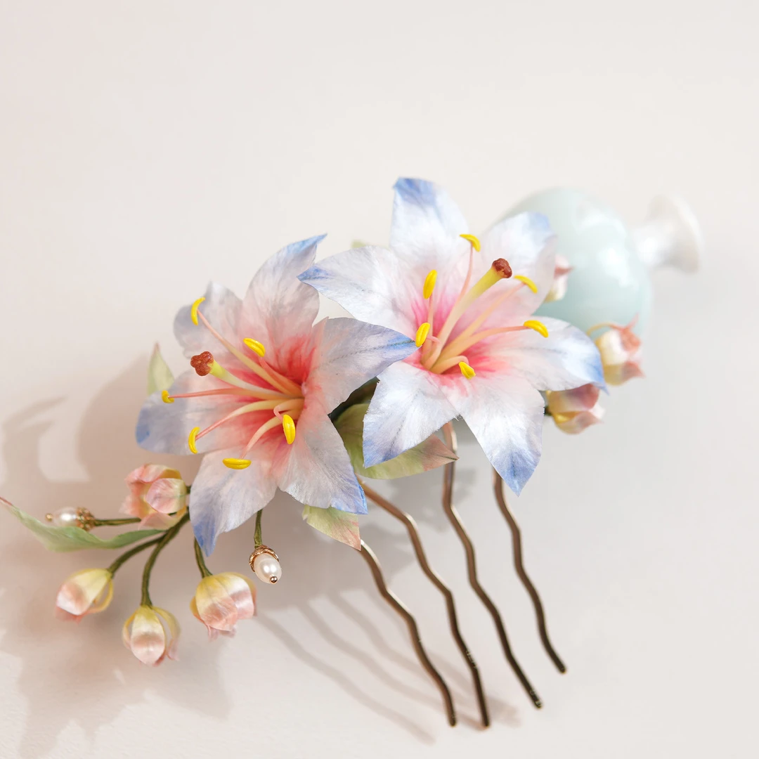 非遗绒花发簪百合花发饰新中式头饰发钗发梳