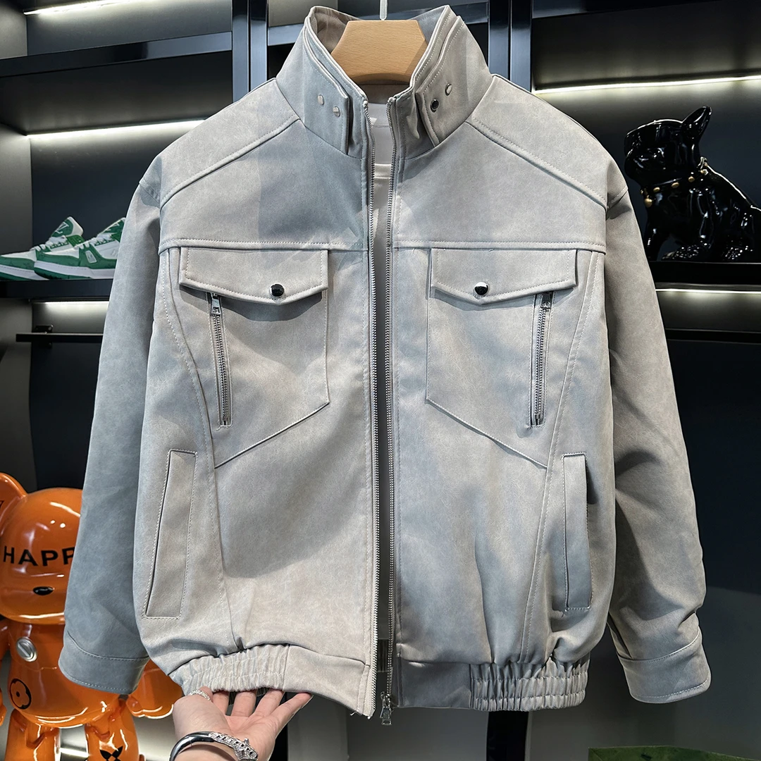 蓝色立领工装外套男款春季高级感美式复古pu皮短款飞行夹克棒球服