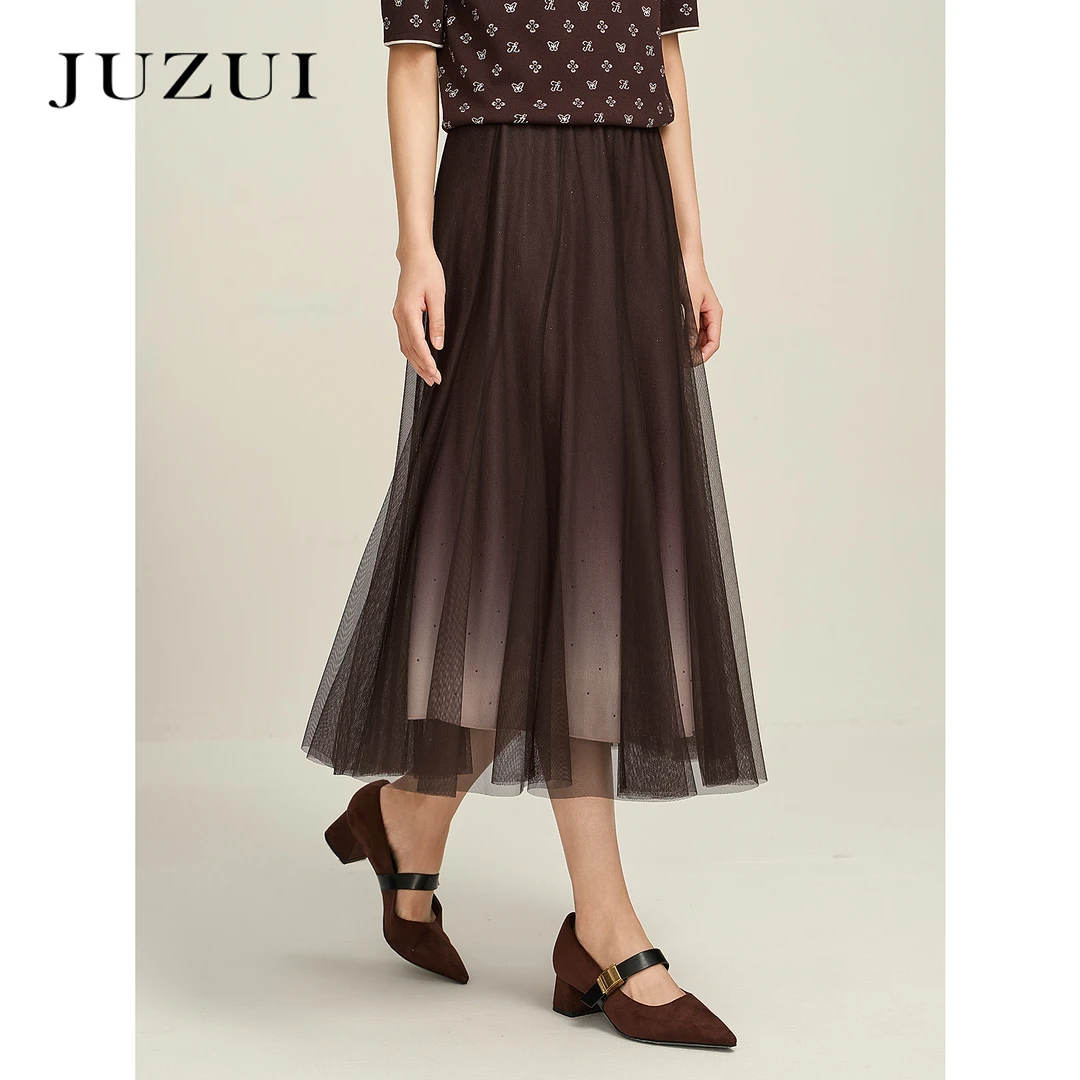 JUZUI玖姿波西米亚风渐变网纱伞裙半身裙女2025秋季新款JYFQ20019