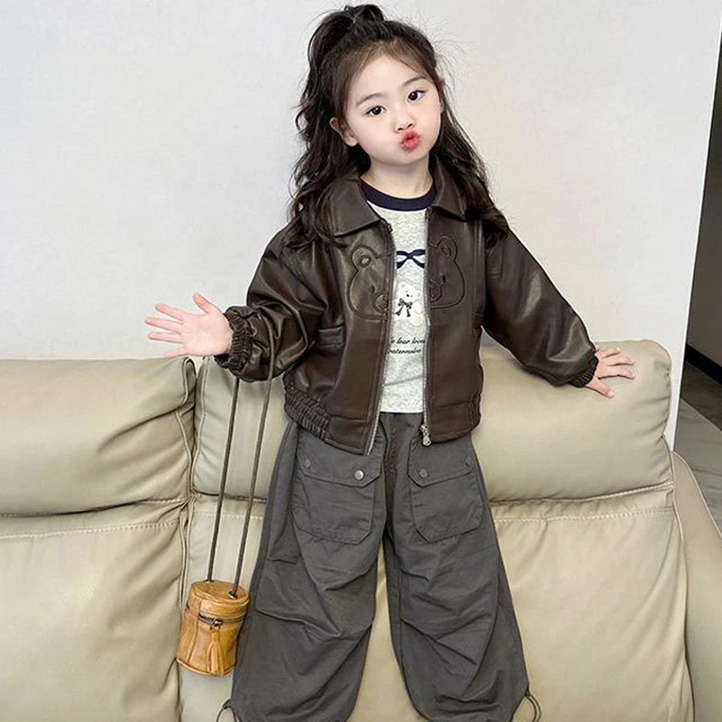 男女童春秋款皮衣外套2025儿童卡通休闲衣服宝宝时尚洋气皮夹克衣
