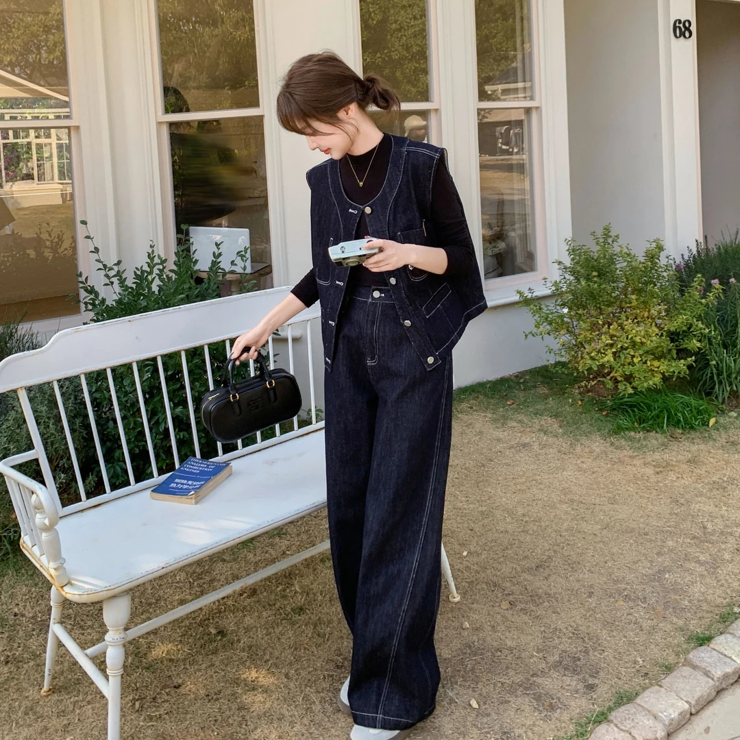 港风复古牛仔马甲套装女春季2025新款盐系炸街高级感阔腿裤两件套