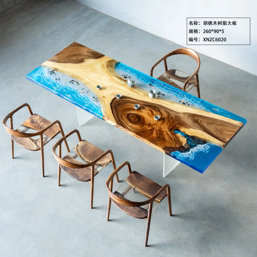 【新款】海洋树脂大板河流桌胡桃木实木桌板公司前台接待洽谈桌批发