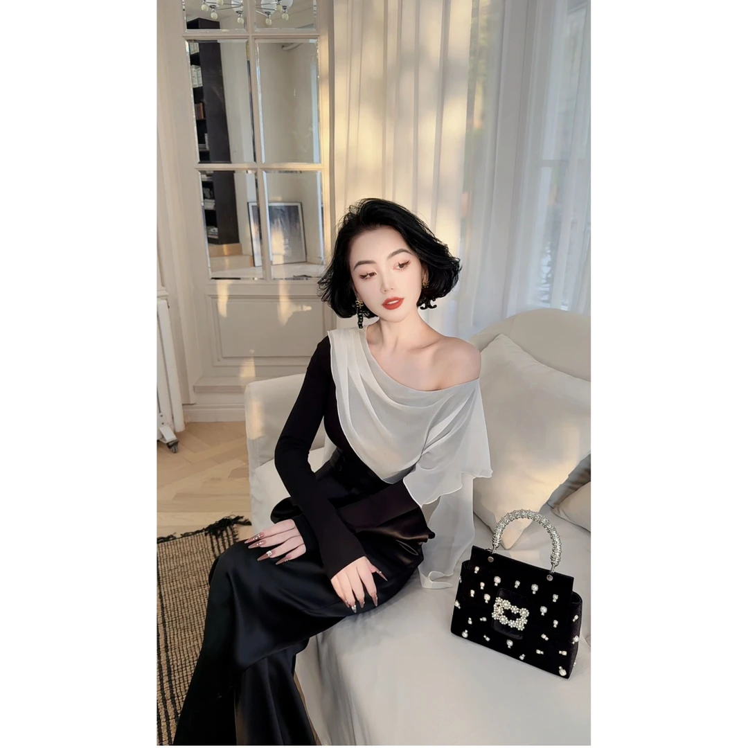 LYXJ【唯美意境】左斜肩设计师显瘦时尚小众气质黑白撞色上衣11778