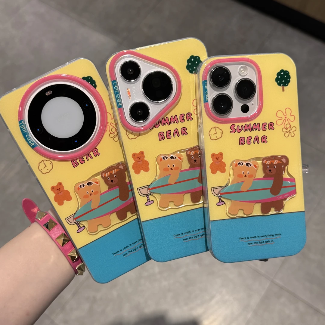 奥菲顿冲浪小熊贴片适用iPhone16大孔手机壳华为p70vivoppo小米15