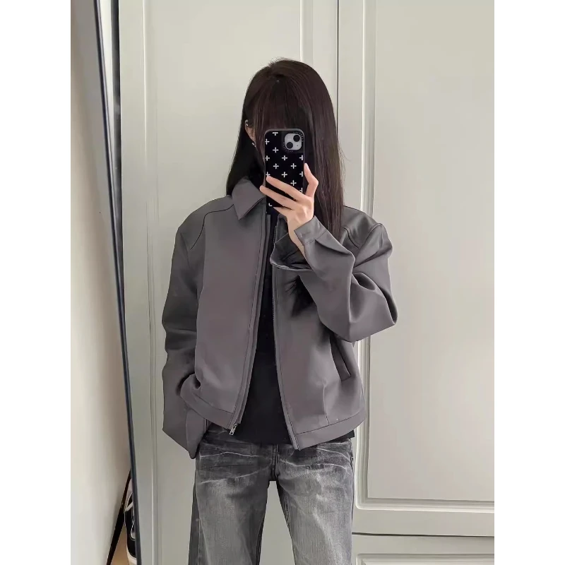 灰色vintage西装外套男女秋季短款正肩翻领夹克美式高街痞帅西服