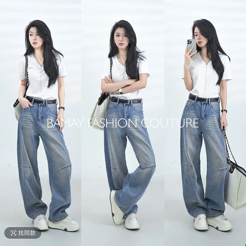 2025春季新款纯棉复古高腰水洗蓝色弯刀牛仔裤女潮牌百搭显瘦