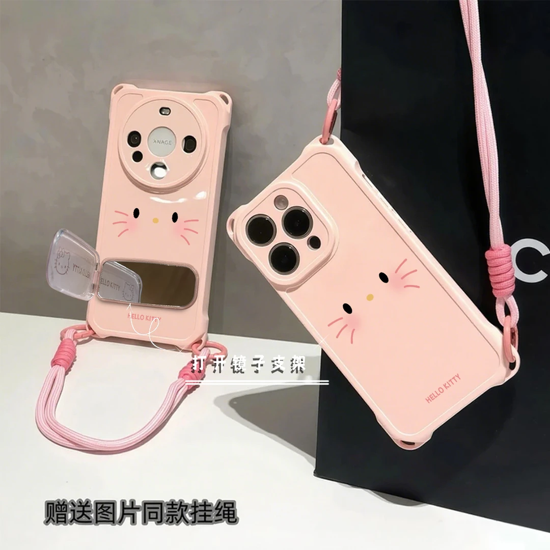 可爱猫咪适用于苹果16华为OPPO小米VIVO小众简约四角挂绳手机壳